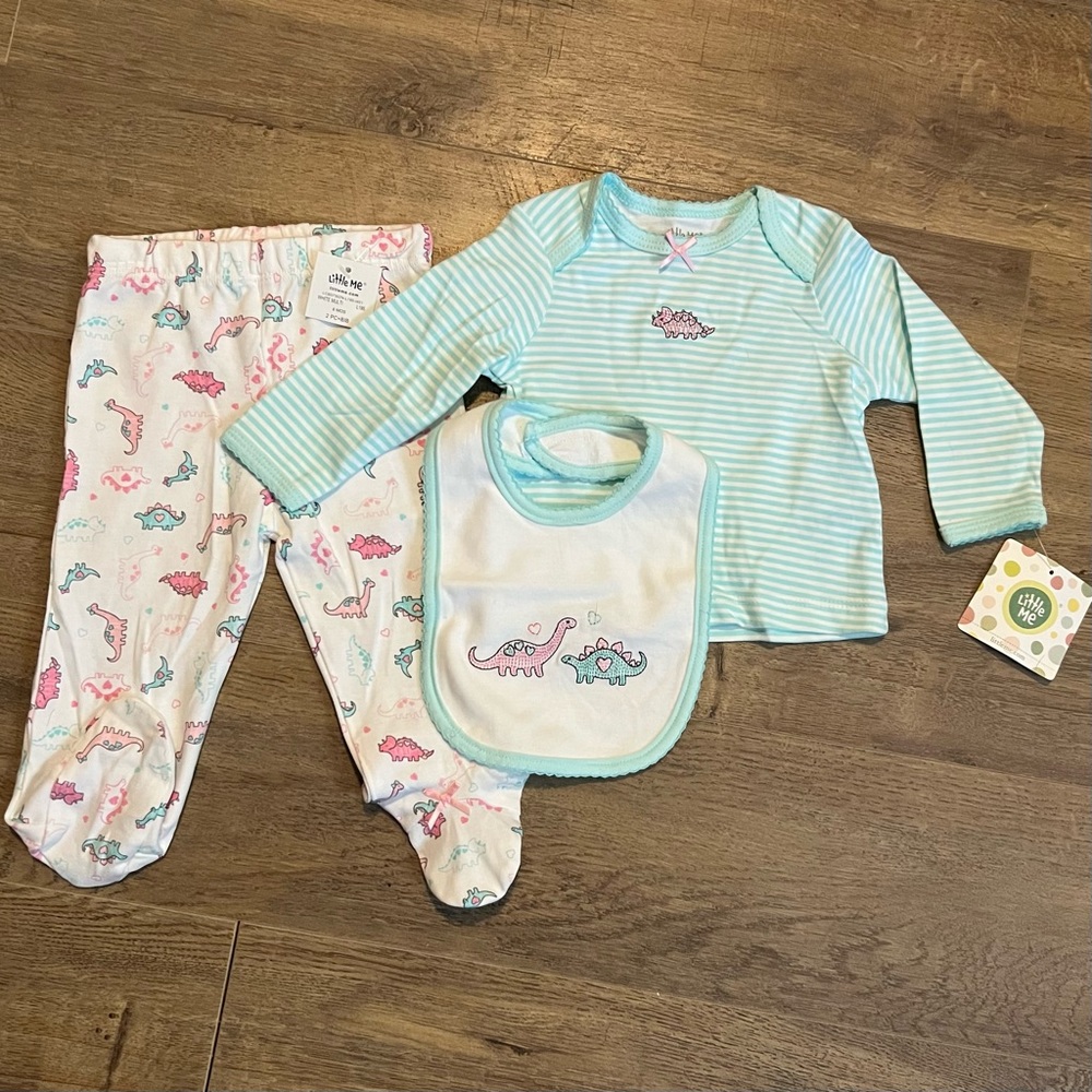 Little Me Girls Dino Outfit with bib, size 6 months